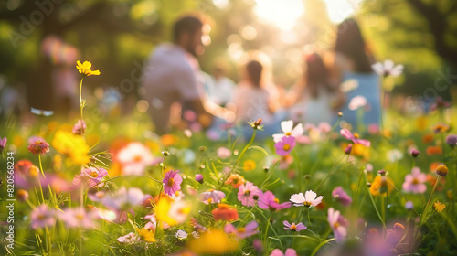 Fototapeta Naklejka Na Ścianę i Meble -  A happy family gathered in a natural landscape, enjoying a picnic amidst blooming flowers, lush grass, and under the warm sunlight