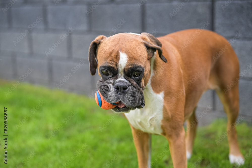 3 years old purebred golden german boxer dog puppy jumping playing with a ball