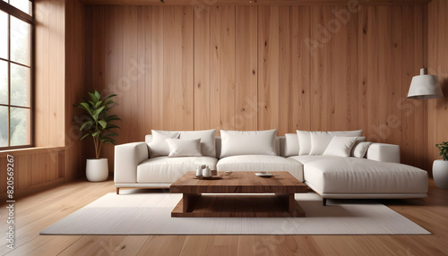 Natural wood coffee table near white corner sofa against wooden paneling wall. Minimalist interior design of modern living room.