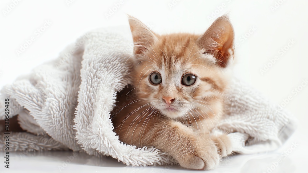 Kitten with watery eyes, isolated on white background, cuddled in a soft towel, appearing weak, soft lighting Kitten with watery eyes, isolated on white background, cuddled in a soft towel, appearing weak, soft lighting