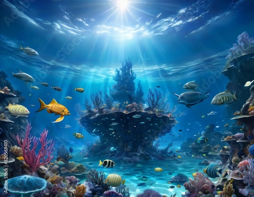 Wallpaper Mural This is an artistic underwater portrayal showing a thriving coral reef bustling with diverse fish species, illuminated by sunbeams.. AI Generation Torontodigital.ca