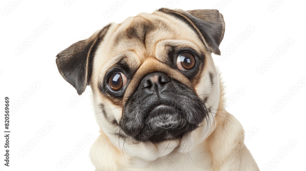 Pug with a wrinkled face, isolated on white background, tilting head, soft lighting