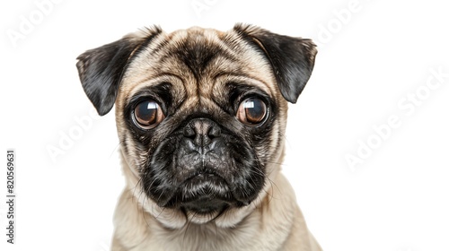Pug with a wrinkled face, isolated on white background, tilting head, soft lighting