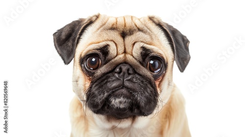 Pug with a wrinkled face, isolated on white background, tilting head, soft lighting