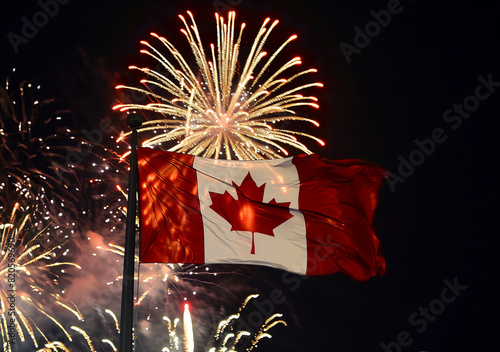 Flag of Canada and Holiday fireworks. National holiday Canada Day concept, generative AI