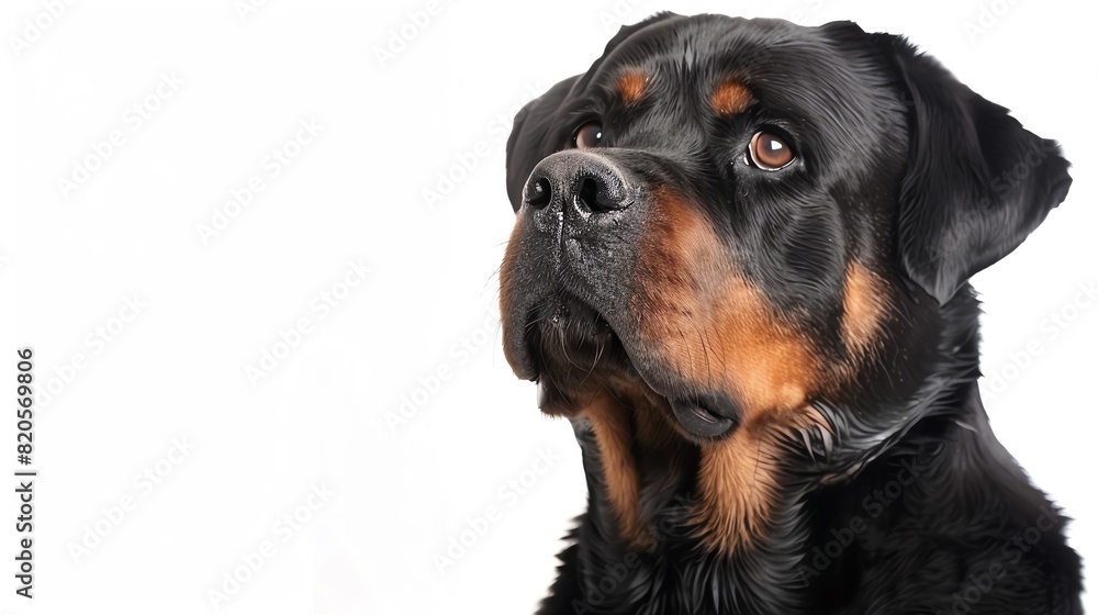Rottweiler with a strong stance, isolated on white background, looking straight ahead, copy space