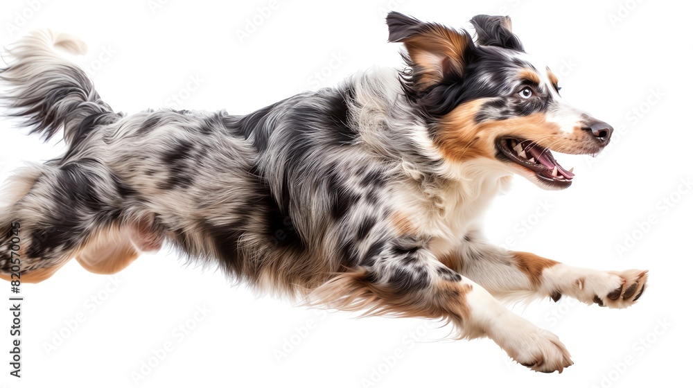 Australian Shepherd in midrun, isolated on white background, dynamic movement, copy space Australian Shepherd in midrun, isolated on white background, dynamic movement, copy space