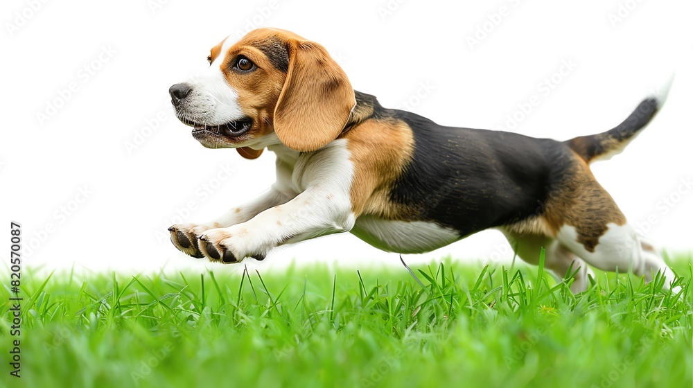 Beagle sprinting across green grass, looking back playfully, isolated on white background, soft lighting Beagle sprinting across green grass, looking back playfully, isolated on white background, soft lighting