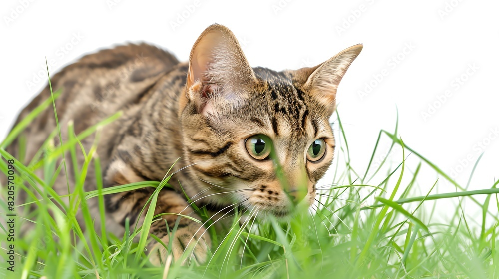 Bengal cat prowling through green grass, isolated on white background, wild expression, soft lighting Bengal cat prowling through green grass, isolated on white background, wild expression, soft lighting