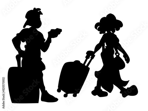 black silhouette of man and woman travel with suitcase. Tourists traveling with luggage. Young character. Set of isolated icons. travel by plane, train, arrival at the hotel. Vector graphics