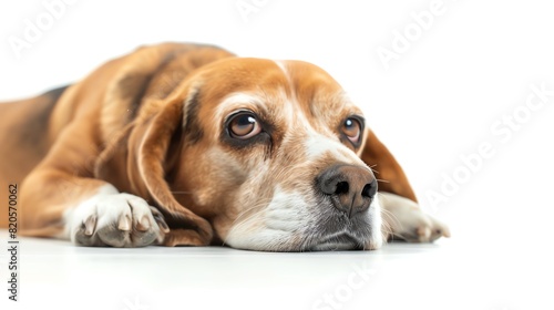 Beagle lying down with head resting on paws, isolated on white background, soft lighting