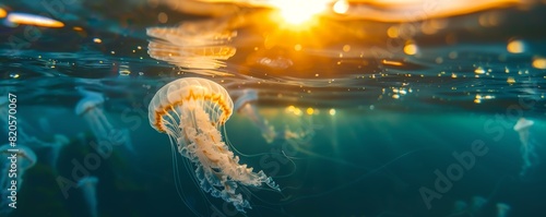 Jellyfish underwater with the sun setting above the water surface. Summer vacation holiday seascape ocean conservation banner. Header for marine sea preservation.