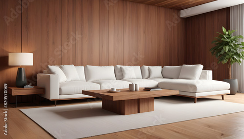 Natural wood coffee table near white corner sofa against wooden paneling wall. Minimalist interior design of modern living room.
