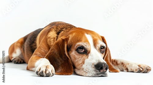 Beagle lying down with head resting on paws, isolated on white background, soft lighting