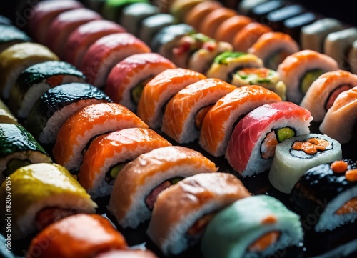 Sushi set. A large amount of traditional Asian and Japanese food. A variety of rolls.
