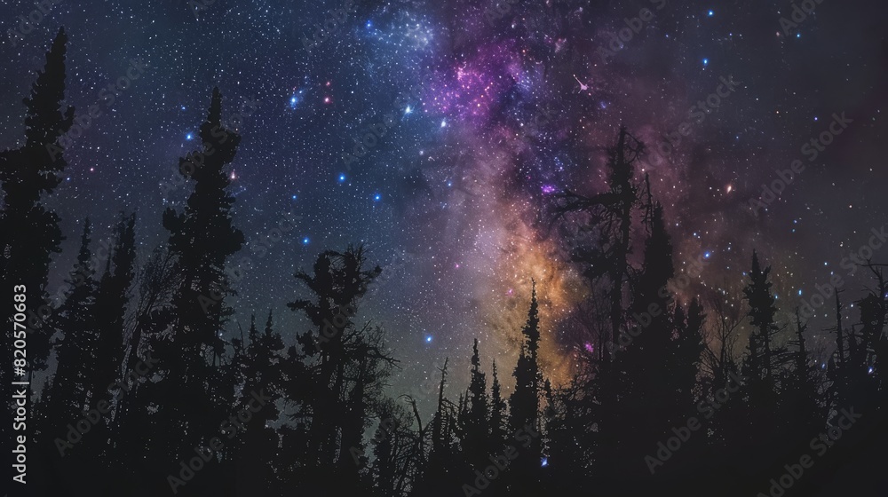Beautiful night sky with vibrant Milky Way galaxy over a forest silhouette, showcasing the wonders of the universe and celestial beauty. Beautiful night sky with vibrant Milky Way galaxy over a forest silhouette, showcasing the wonders of the universe and celestial beauty.
