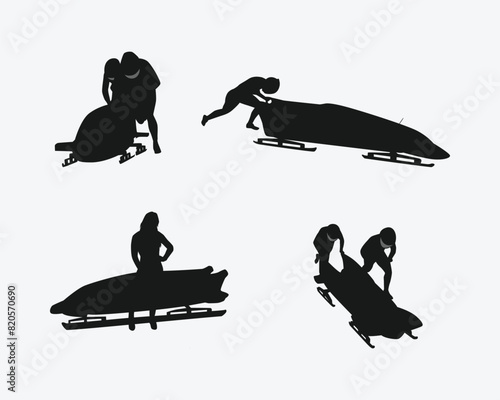 Bobsled, Bobsleigh Silhouettes set. Winter sport, competition, athlete, riding. Vector illustration.