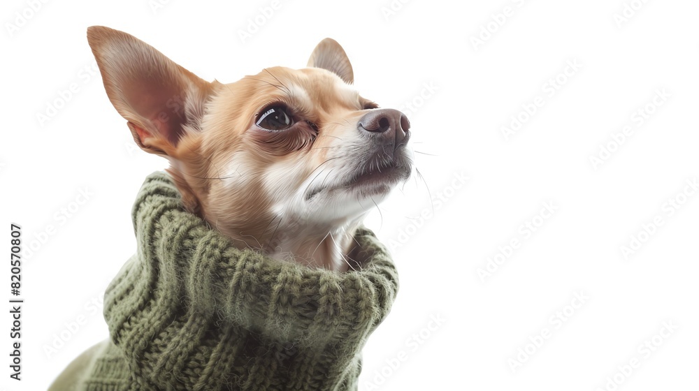 Chihuahua wearing a cute sweater, isolated on white background, looking up, soft lighting