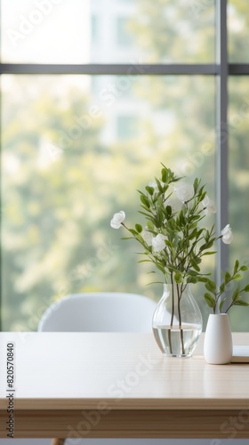 Minimalist workspace with a vase of white flowers on a desk in front of a large window  creating a serene and peaceful atmosphere.