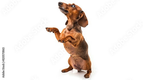 Dachshund standing on hind legs  isolated on white background  playful pose  copy space