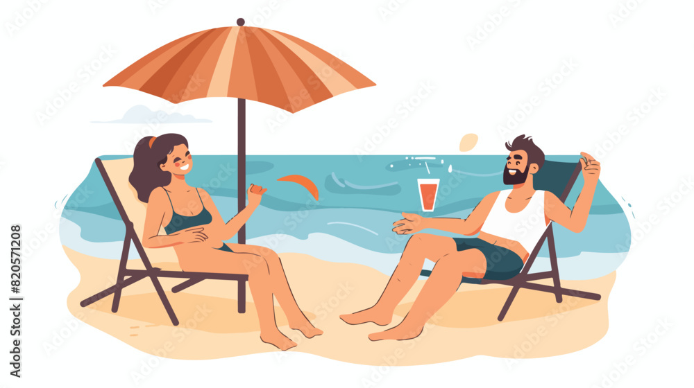 Relaxing people romantic couple sunbathing on beach.