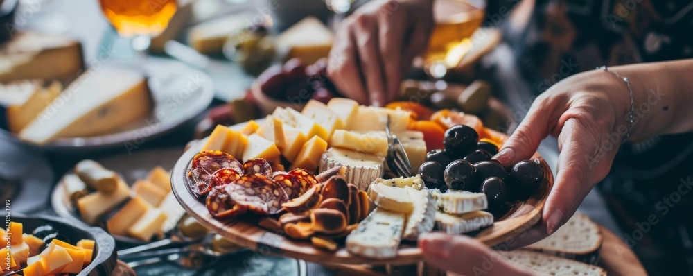 Closeup of hands presenting a cheese plate with an assortment of rich, flavorful cheeses, perfect for a sophisticated business event or corporate gathering