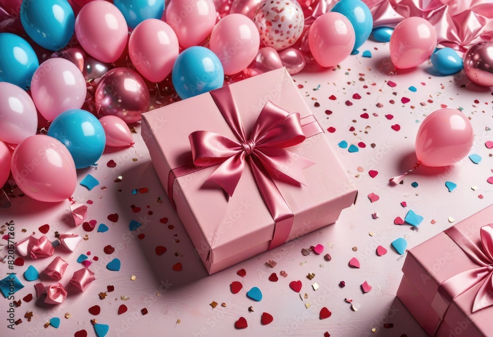 a birthday background featuring a pink gift box, balloons, and confetti on a table. a birthday background featuring a pink gift box, balloons, and confetti on a table.