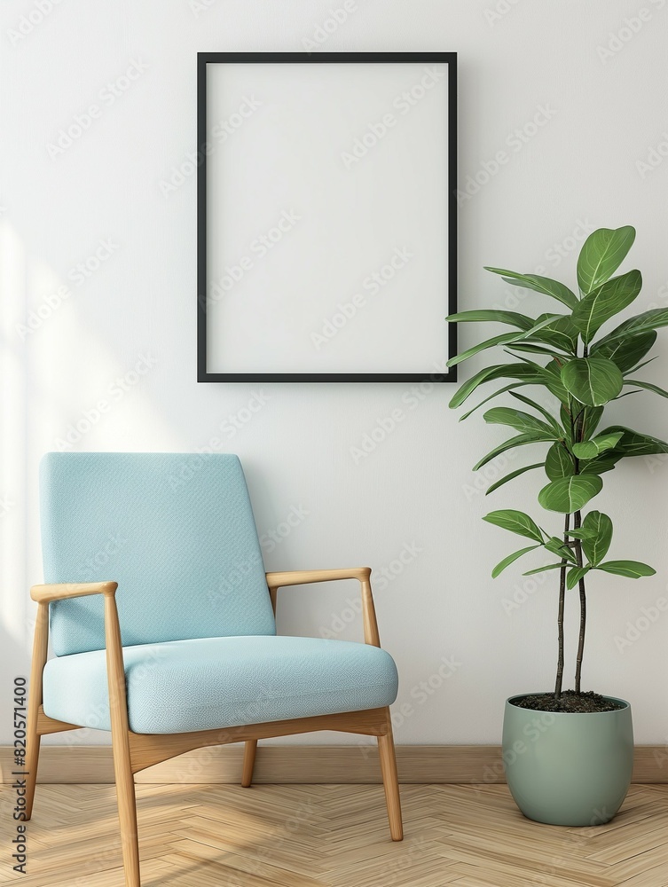 Frame mockup. Light blue chair home interior, wall poster frame. 3D render Frame mockup. Light blue chair home interior, wall poster frame. 3D render