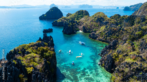  Aerial view of One of the best island and beach destination in the world  a stunning view of rocks formation and clear water of El Nido Palawan  Philippines.