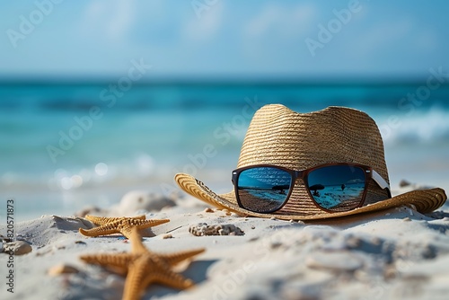 Straw hat and sunglasses on beach