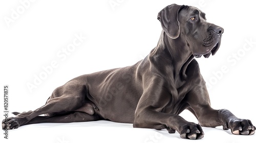 Great Dane lying down, isolated on white background, head up, relaxed posture, copy space photo