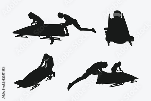 Bobsled, Bobsleigh Silhouettes set. Winter sport, competition, athlete, riding. Vector illustration.
