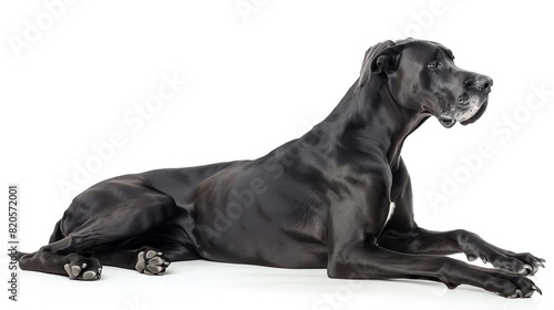 Great Dane lying down, isolated on white background, head up, relaxed posture, copy space photo
