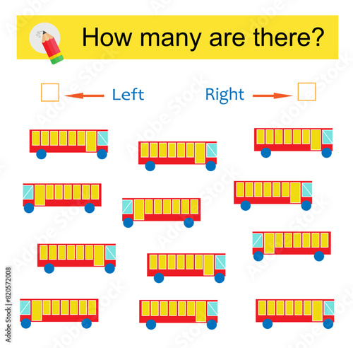 Math activity for kids. Developing numeracy skills. Cartoon bus.