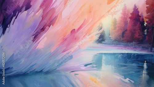 Abstract watercolor painting of a cave with stalactite-like formations in pastel colors reflecting in water. Abstract art painted by pink and blue color with pastel watercolor brushstroke. AIG35. photo