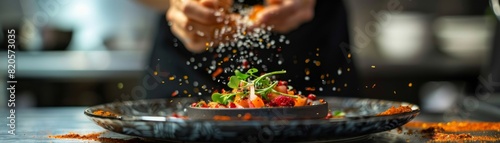 Chef garnishing dish with herbs in professional kitchen, adding final touch to gourmet meal, close-up view with blurred background.