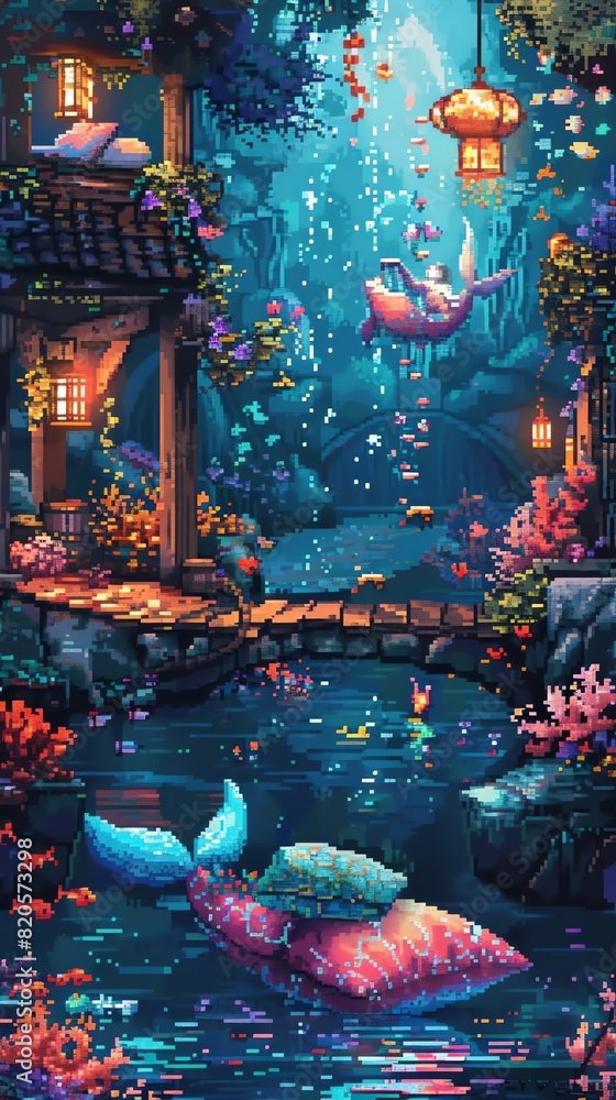 Fototapeta premium A whimsical interpretation of a mermaids dream, with pillows floating in a surreal underwater world