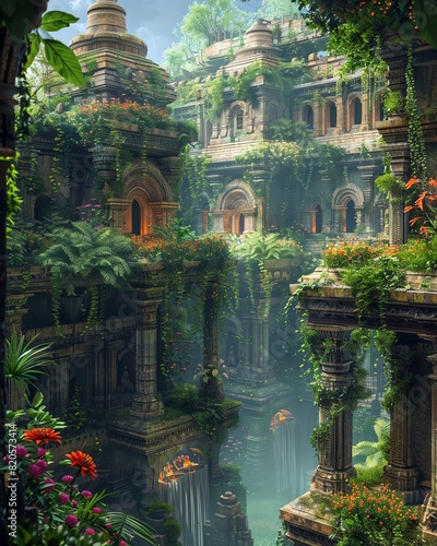 An intricate illustration of a lush ecology system within a mystical temple