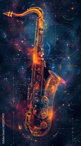 Combine elements of a saxophone and astrology symbols in a futuristic, cosmicinspired design photo
