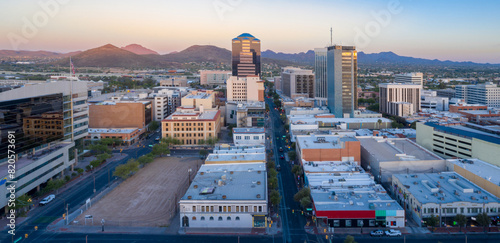 Aerial: Downtown Tucson at sunset, Arizona, United States of America. photo