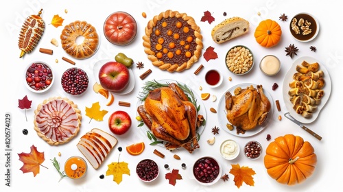 A table full of food  including roasted turkey  ham  and pumpkin pie