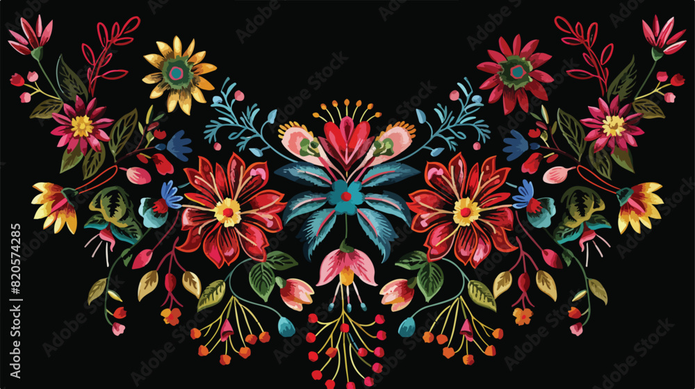 Satin stitch embroidery design with flowers. Folk lin