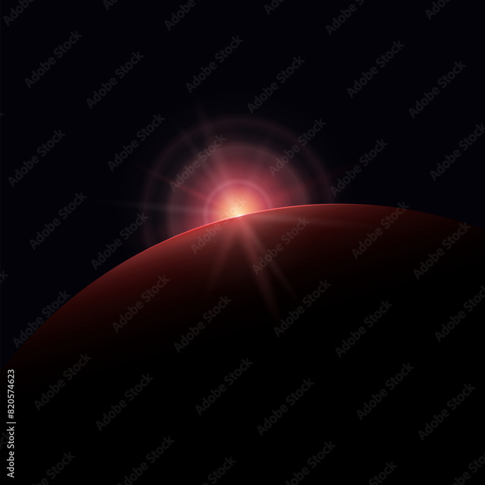 Obraz premium View from space, red star rises above the planet, the sun rising over the earth, rays and glare over the earth , space background, vector illustration
