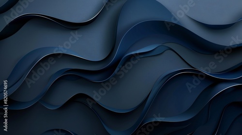 Abstract banner design with smooth and curving dark blue paper waves, creating a sense of movement and dynamism.