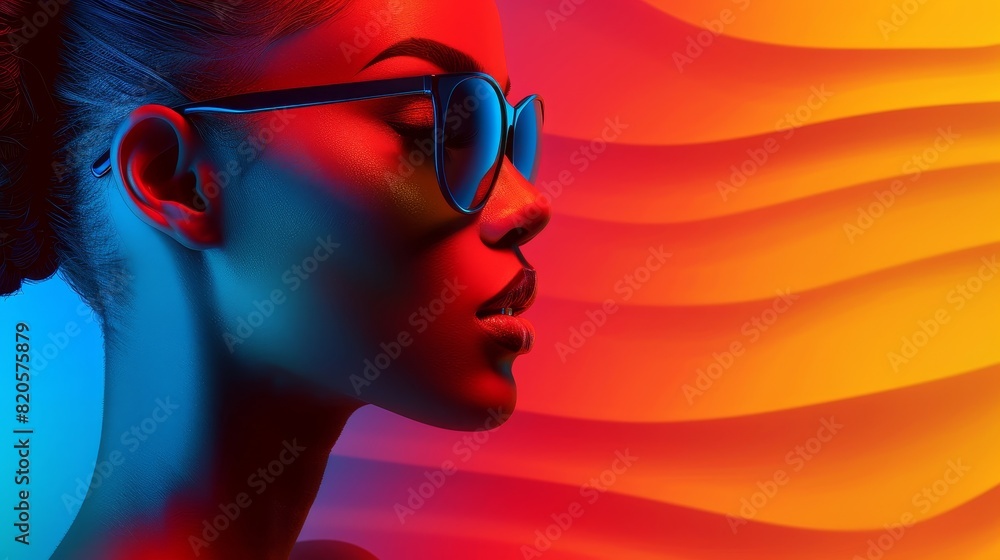 Futuristic woman with sunglasses looks to the left, bathed in vibrant blue and red light. Abstract background with wavy pattern design. Futuristic woman with sunglasses looks to the left, bathed in vibrant blue and red light. Abstract background with wavy pattern design.