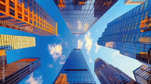 Enjoy the mesmerizing view of azure skies against a row of magnificent skyscrapers, a sight that showcases the beauty of architectural art in the real estate world photo