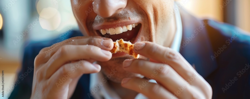 Closeup of a businessperson savoring a healthy snack, hands and mouth highlighted, with a focus on the ease of chewing and enjoyment Closeup of a businessperson savoring a healthy snack, hands and mouth highlighted, with a focus on the ease of chewing and enjoyment