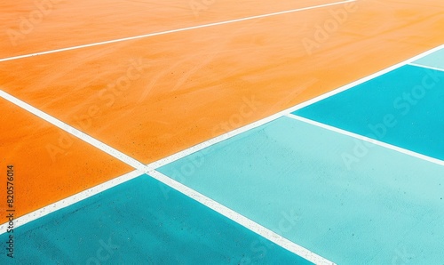 A close up photo of an empty orange and blue tennis court in a pastel aesthetic