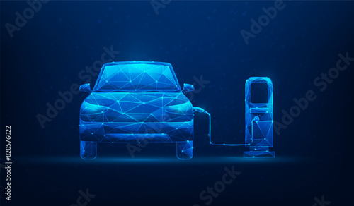 car electric digital technology on blue dark background. ev charger. transportation renewable energy. vector illustration low poly wireframe.