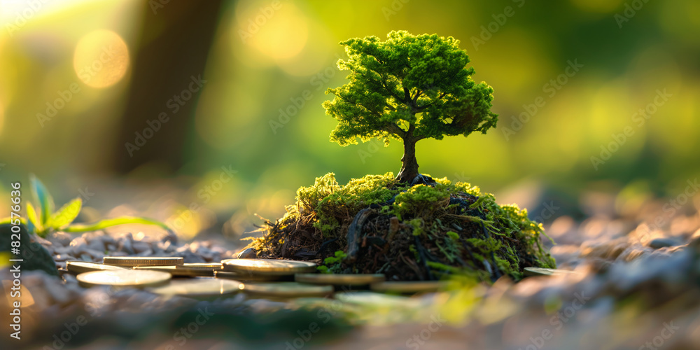 ESG concept of environmental, social, and governance. A small tree on stack coins, green moss on the rocks ESG concept of environmental, social, and governance. A small tree on stack coins, green moss on the rocks